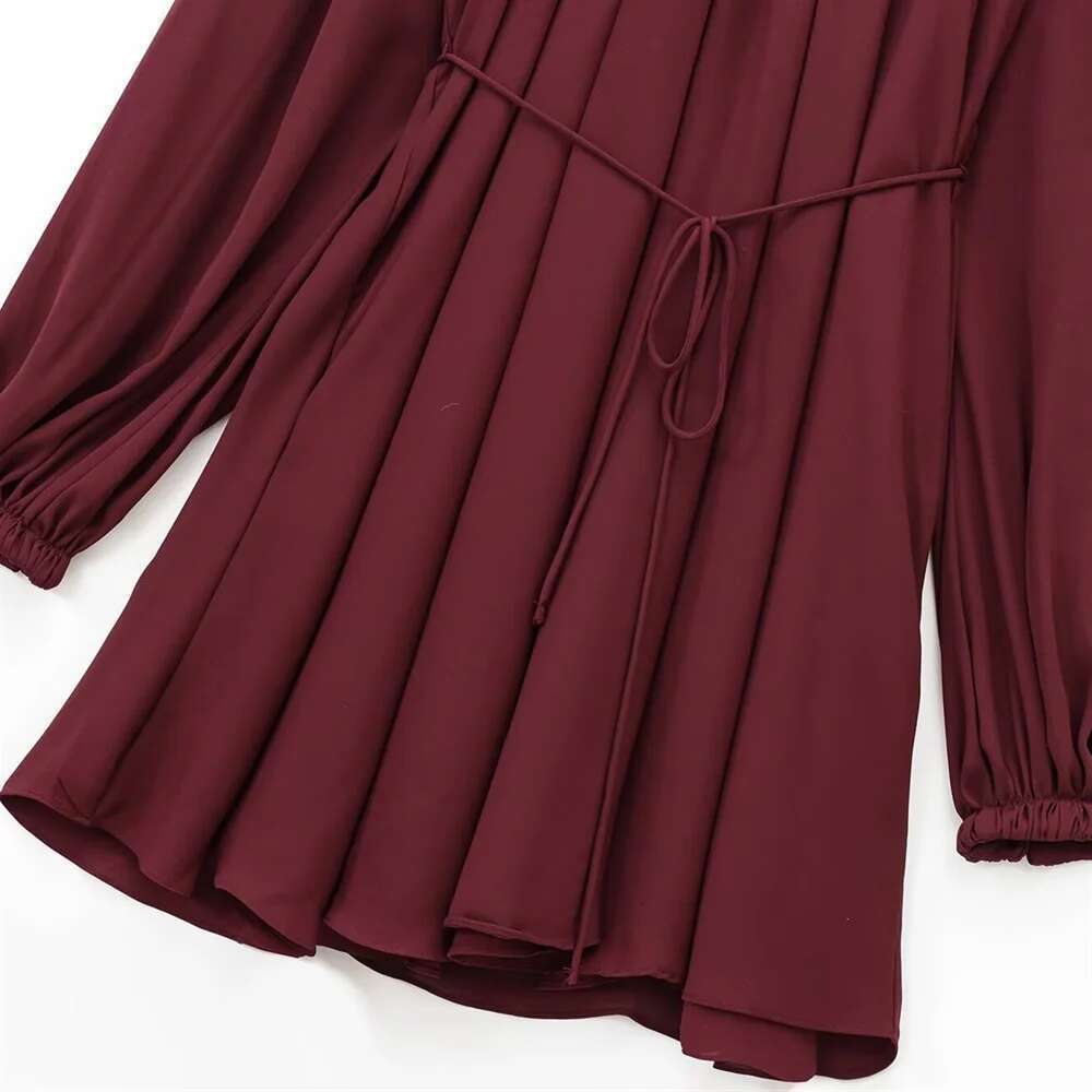 2025 RZRA Spring New Women's Fashion Casual Loose Bubble Sleeves Folded Decoration Long Sleeve Collar Strap A-line Short Dress