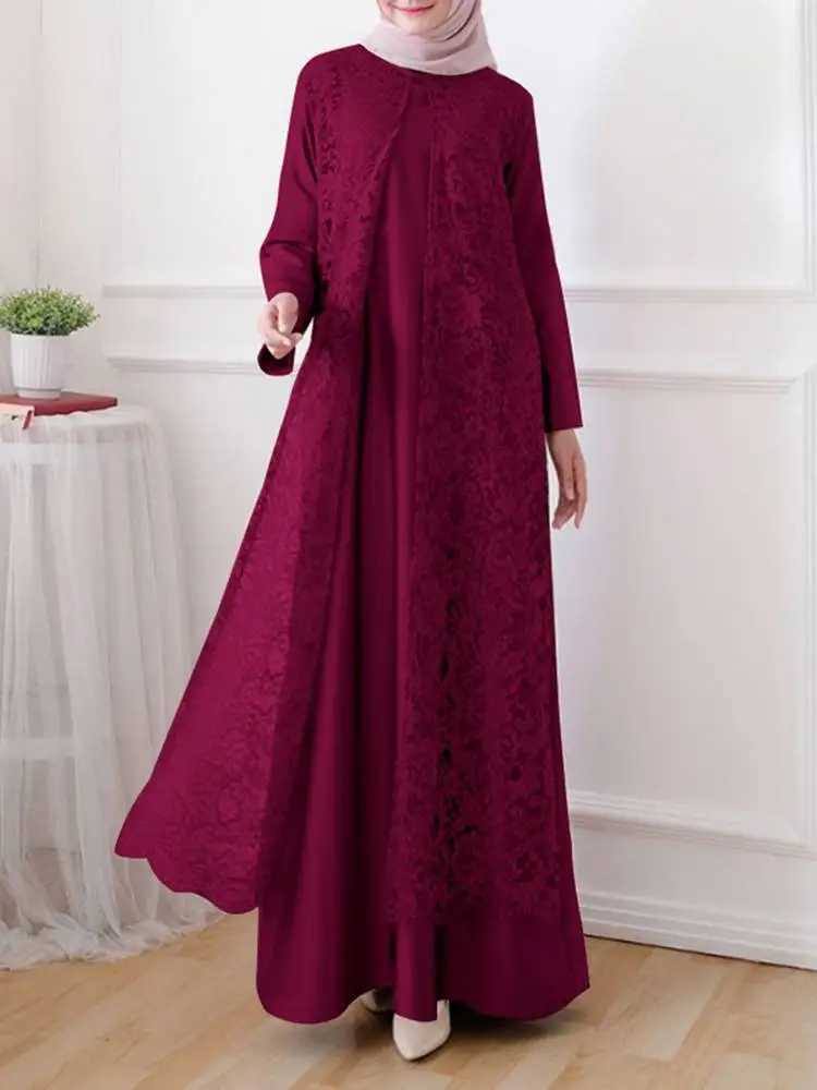 ZANZEA Women Elegant Lace Overlay Satin Dress Muslim Fashion Islamia Hijab O Neck Long Slve Abaya Robe Luxurious Long Vestidos X250514