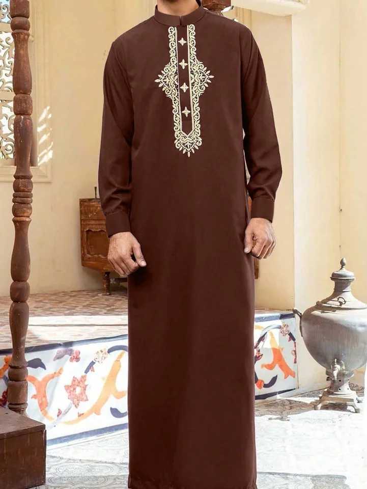 Mens casual ethnic style long sleeve stitching embroidery Islamic Muslim mens long sleeve standing collar Muslim Arab robe X250514