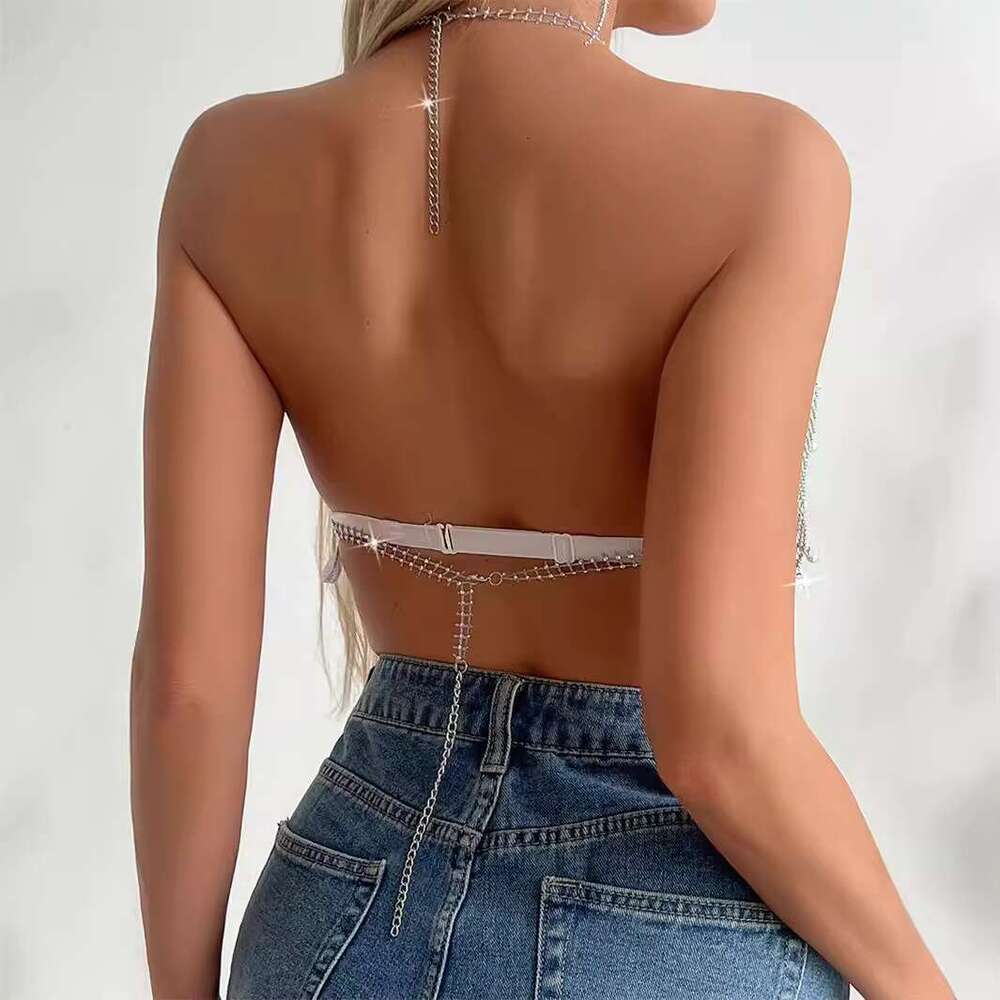 Women Sexy Sheer Mesh Metal Chain Pearl See Through Backless Night Club Halter Tops Beading Crop Top