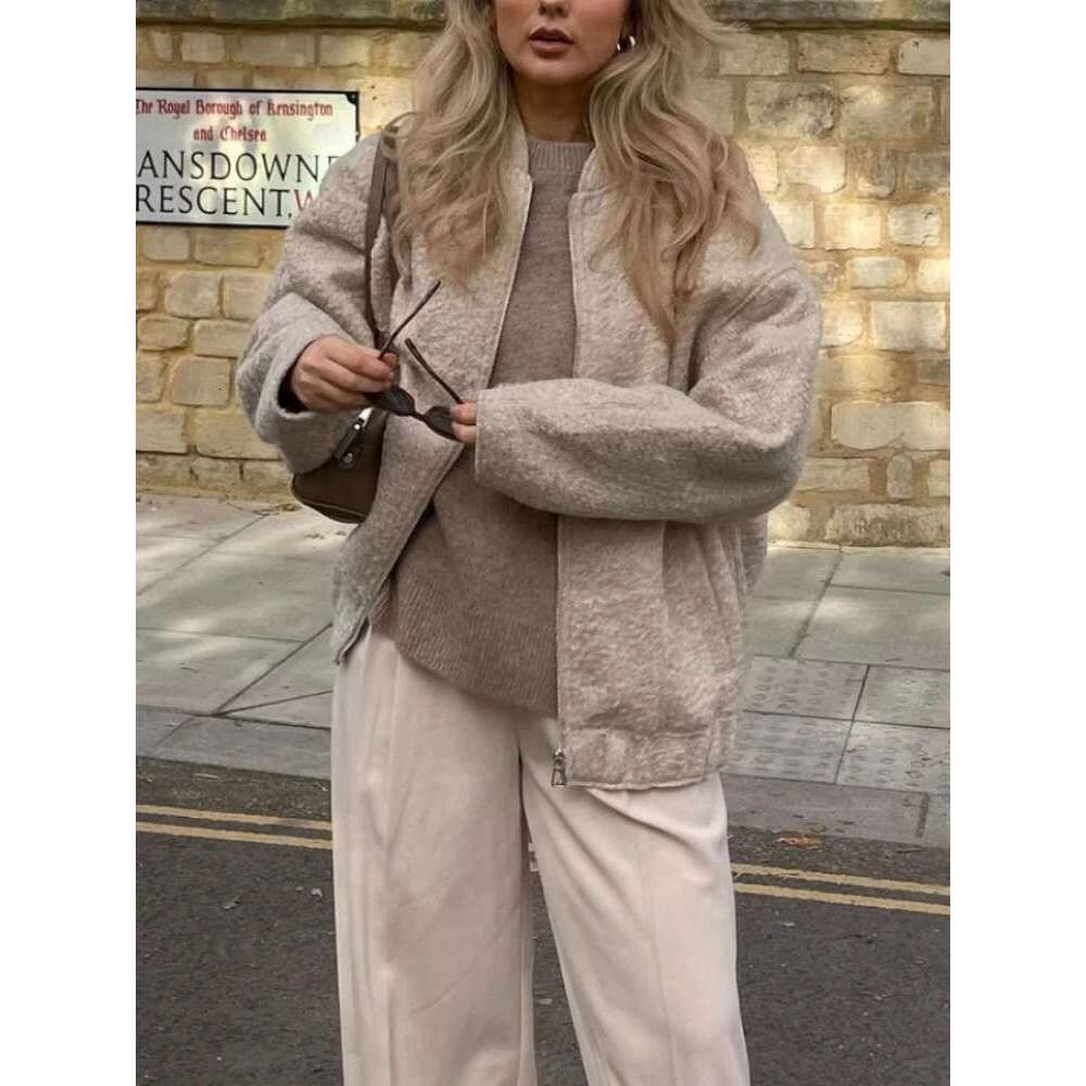 ZBZA Women's Bomber Jacket Solid Stand Collar Long Sleeve Pocket Zip Elastic Hem Oversize Outerwear Fall Winter Female Chic Coat