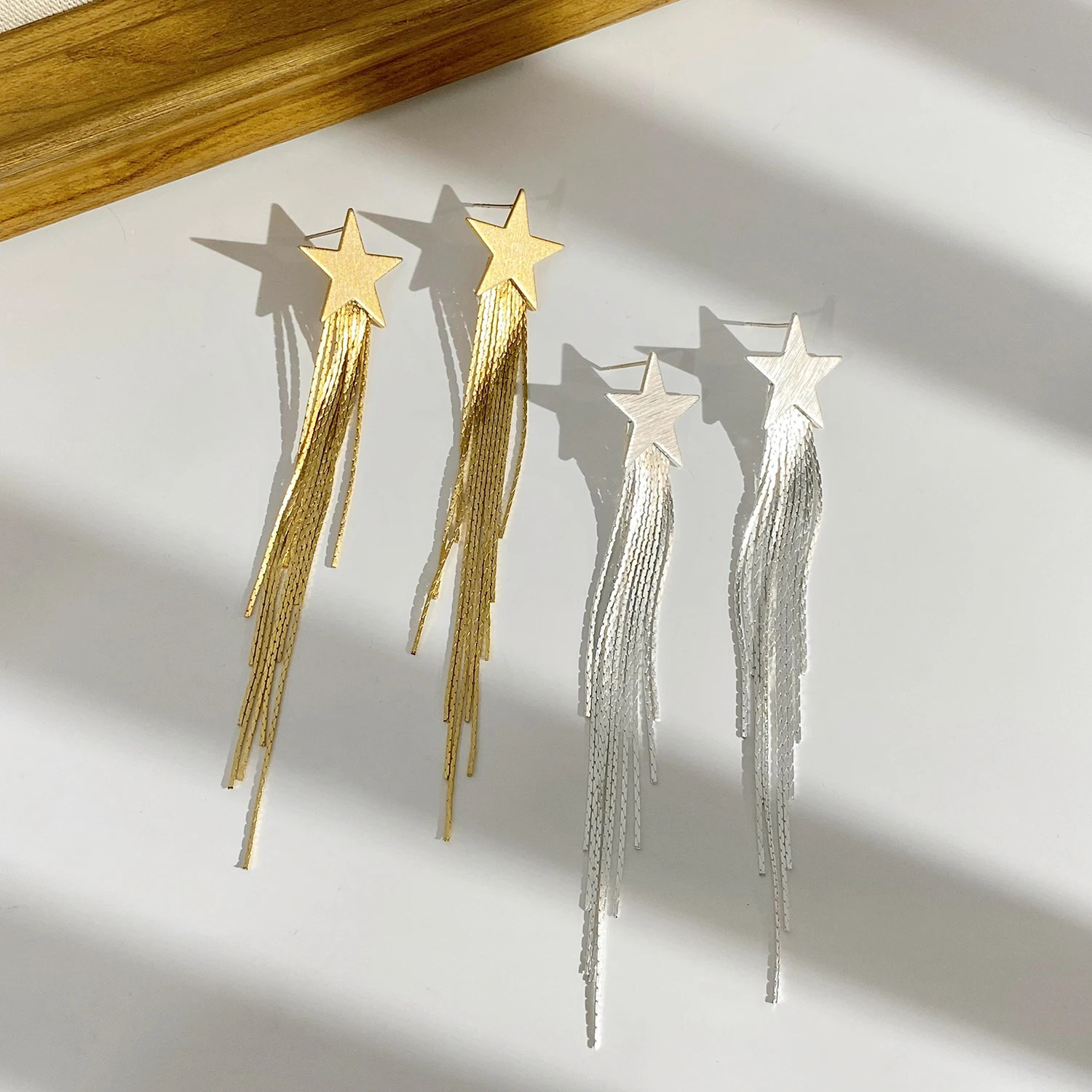 Greatera Trendy Gold Silver Plated Metal Star Tassel Earrings for Women Long Thread Copper Alloy Drop Earrings Jewelry 250513