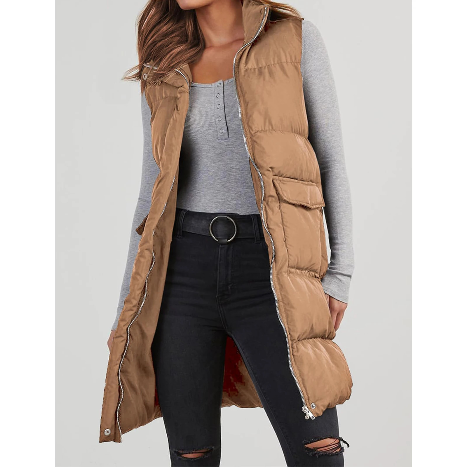 Long with Hood Outdoor Vest Down Womens Jacket Quilted Coat Sleeveless Winter Light Weight Sweaters 250506