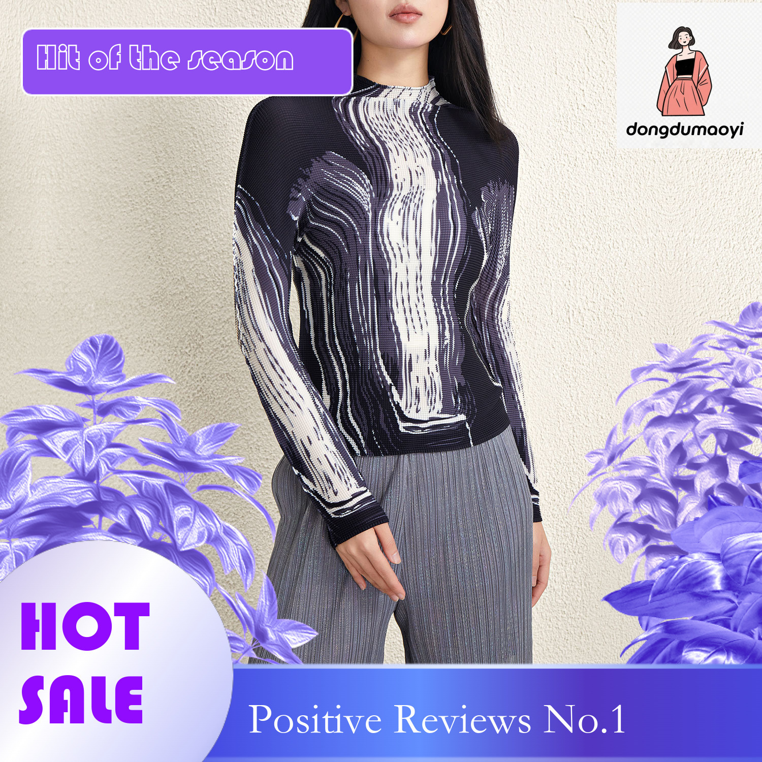 dongdumaoyi Miyake printed top for women's interior design, niche slim fit elastic corn kernels versatile pleated T-shirt