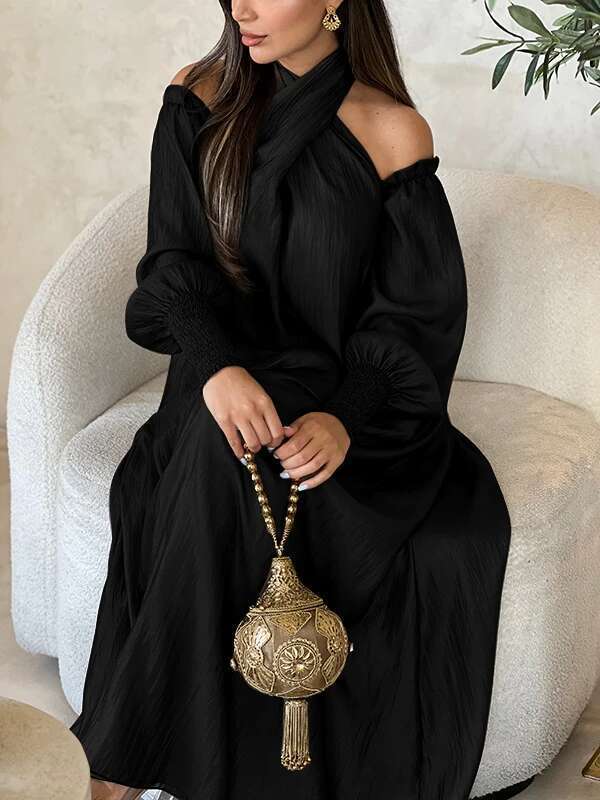 Modigirl American Retro Halter-neck Loose Cold Shoulder Puff Sleeves H-line Maxi Dress 2025 New Elegant Evening Dresses