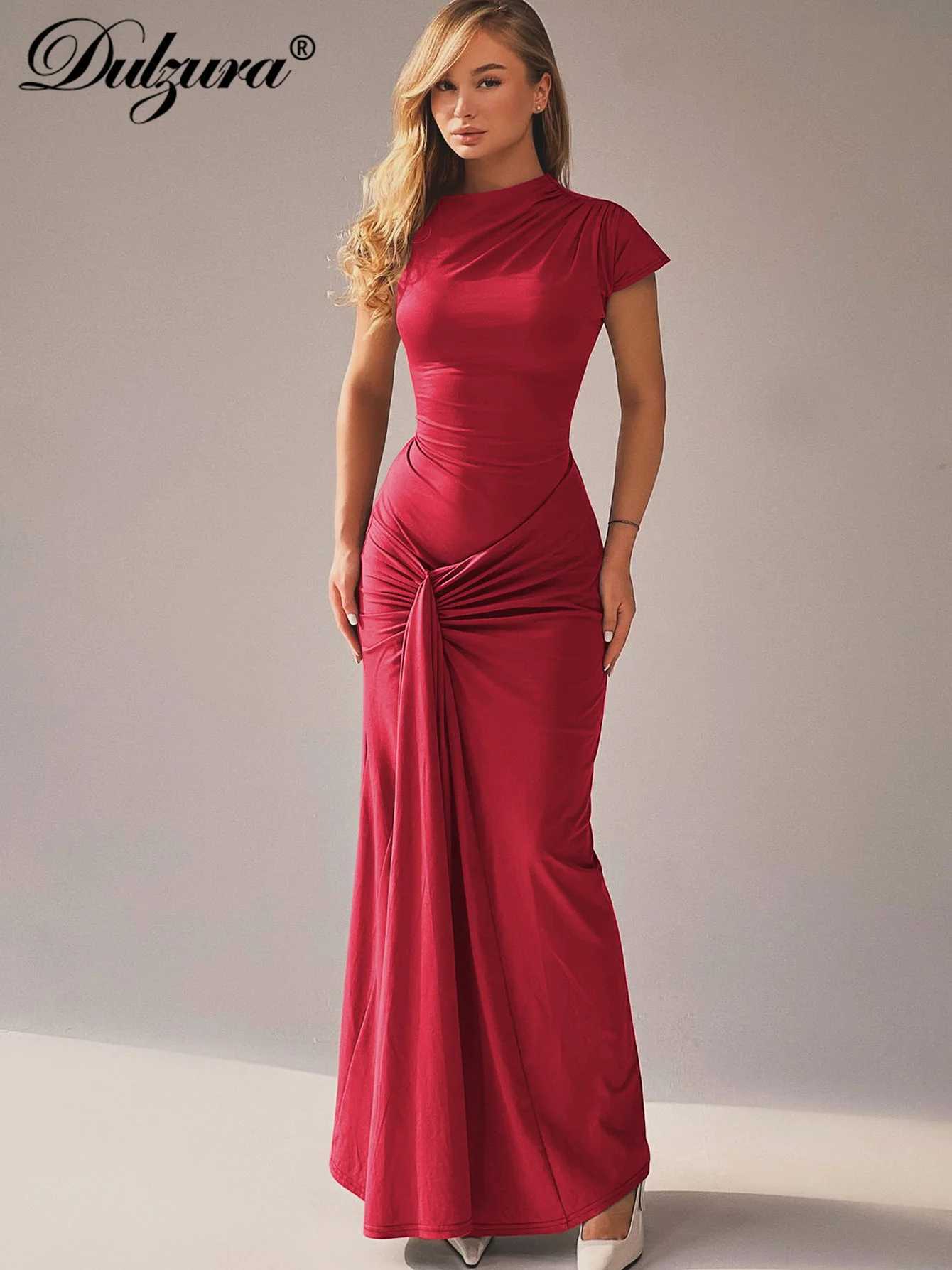 Dulzura Skew Collar Short Sleeves Lace Up Ruched Tight Maxi Dress Solid Elegant Bodycon Outfit Party Club Streetwear SpringXJ250514