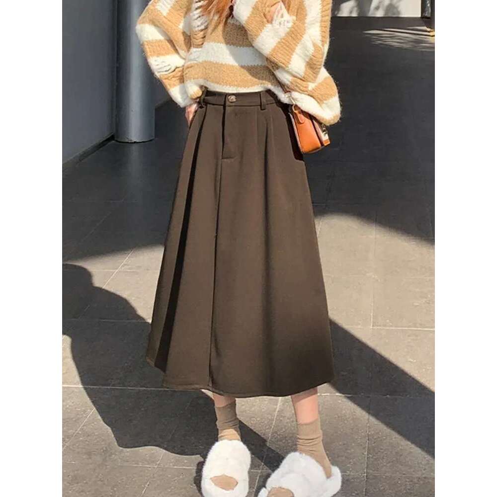 High Woolen Long Autumn Winter Plus Size Clothing Elastic Waist A Line Brown Or Black Skirt Women