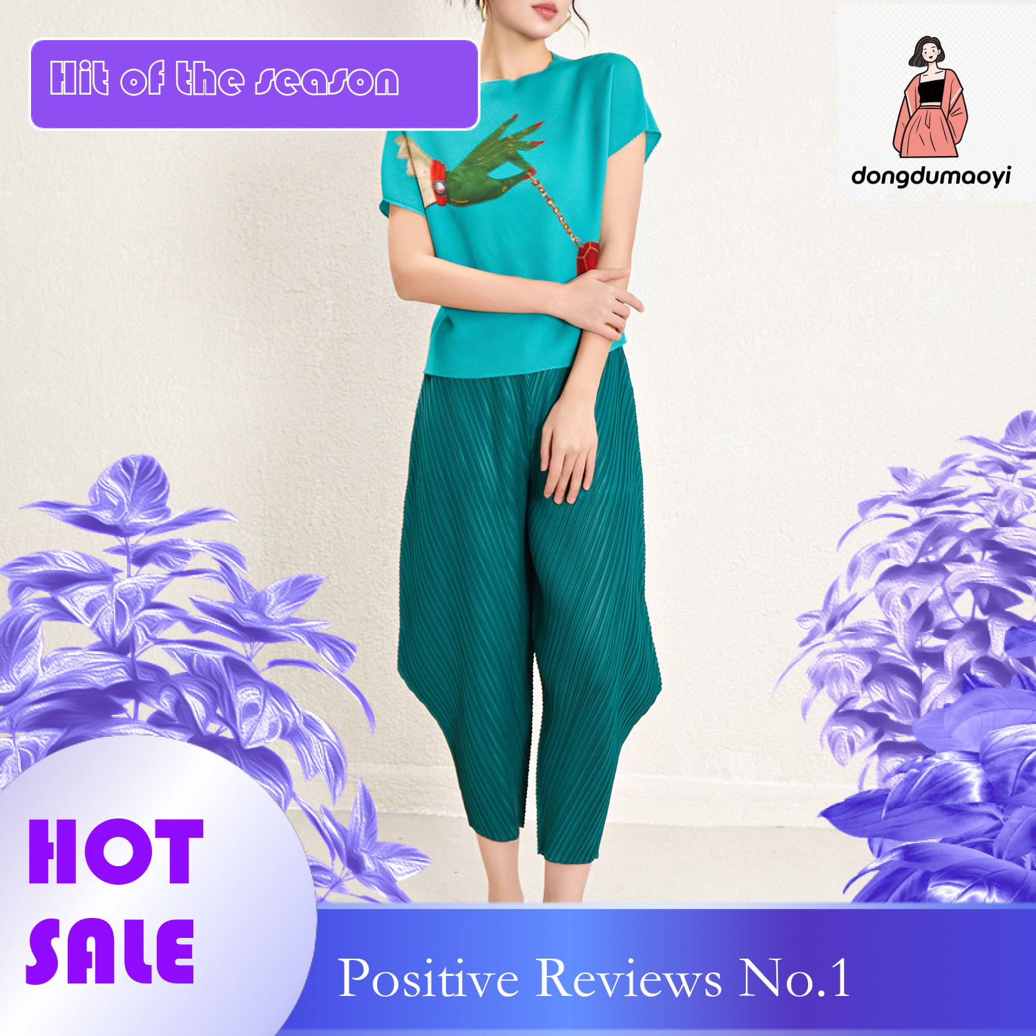 dongdumaoyi Miyake top short sleeved 2024 new summer design sense niche round neck loose slimming printed pleated t-shirt for women