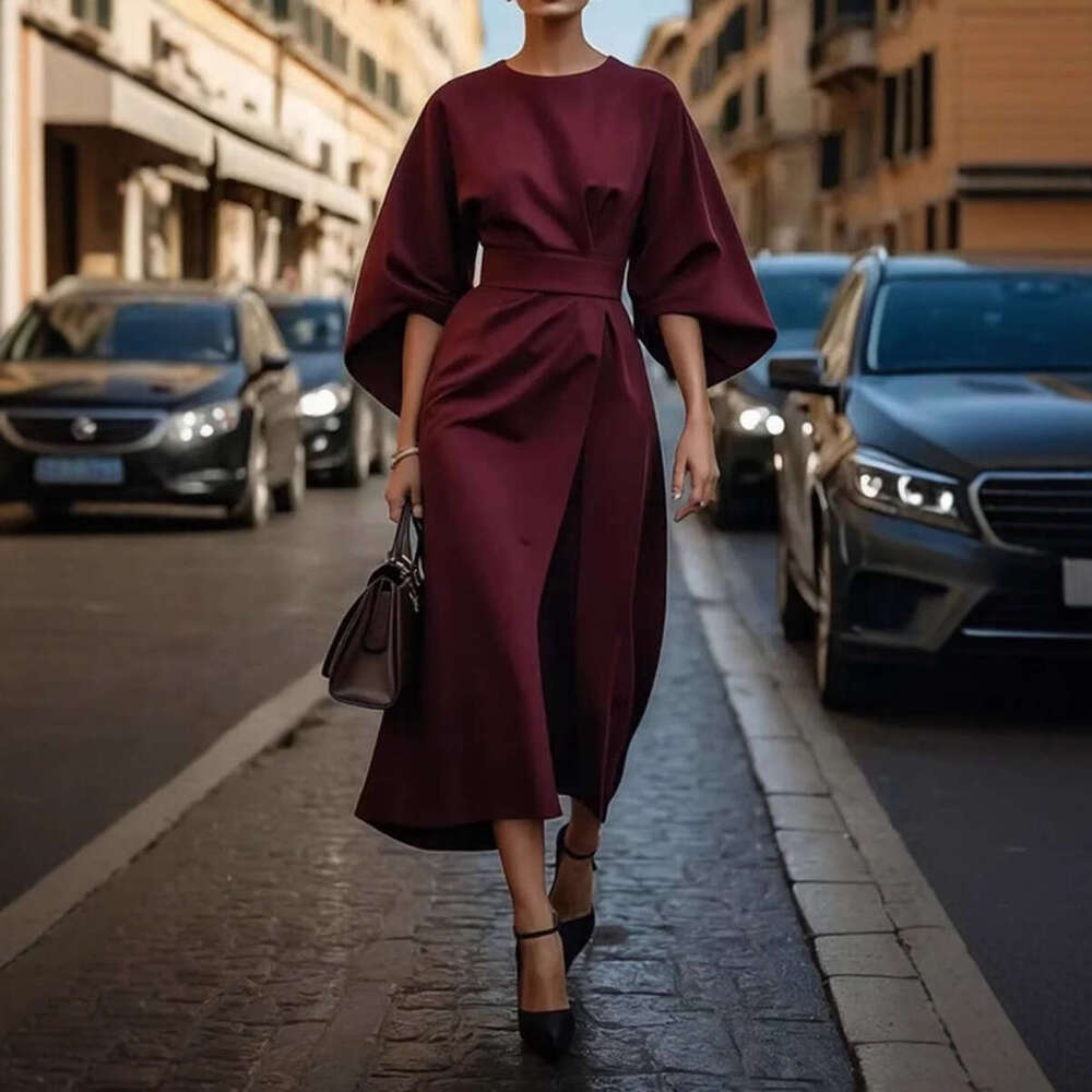2025 Women's Fashion Elegant Solid Color Waist Casual Bat Sleeve Long Dress