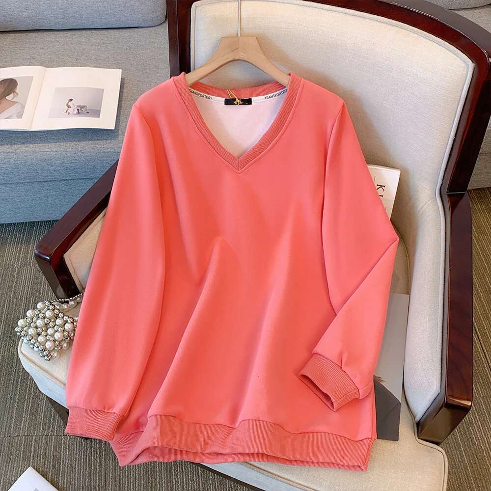 Plus-size ladies fall winter leisure commute loose comfortable hoodie with red and black V-neck long-sleeved top large