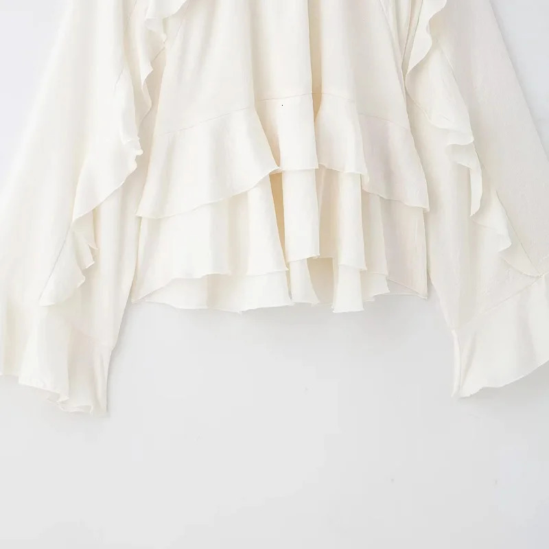 TRAF Womens Blouses Cropped Ruffle Blouse Long Sleeve Top Ruched Summer Plain Shirts Layered Beautiful 088 250514