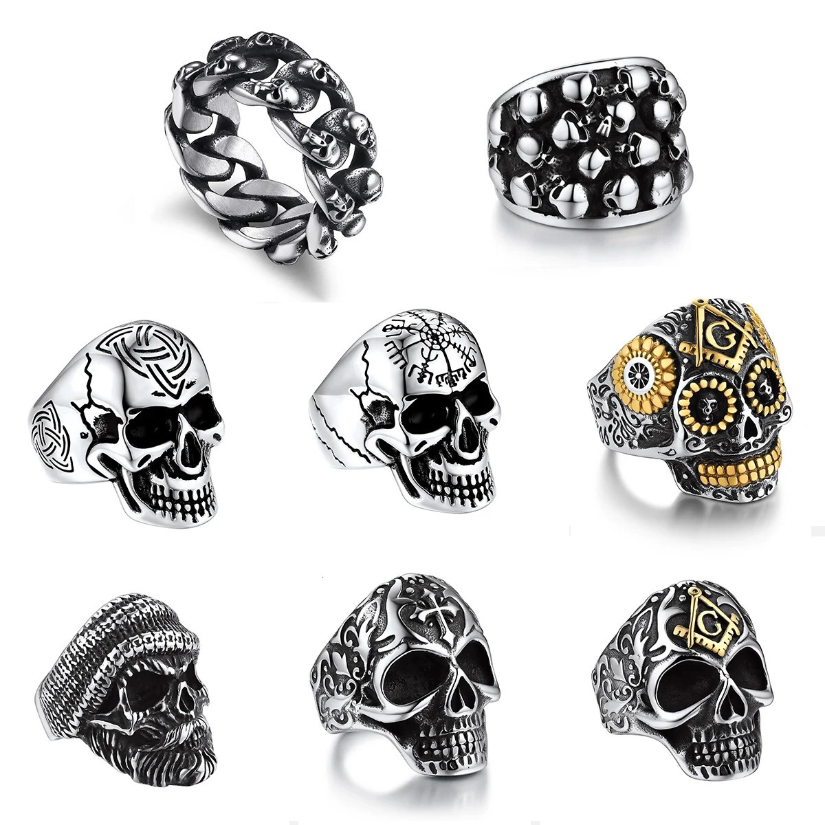 U7 Stainless Steel Big Skull Rings for Man Woman Size 7-14 Cross 3D Skeleton Cuban Chain Celtic Knot Pattern Gothic Punk Jewelry 250509
