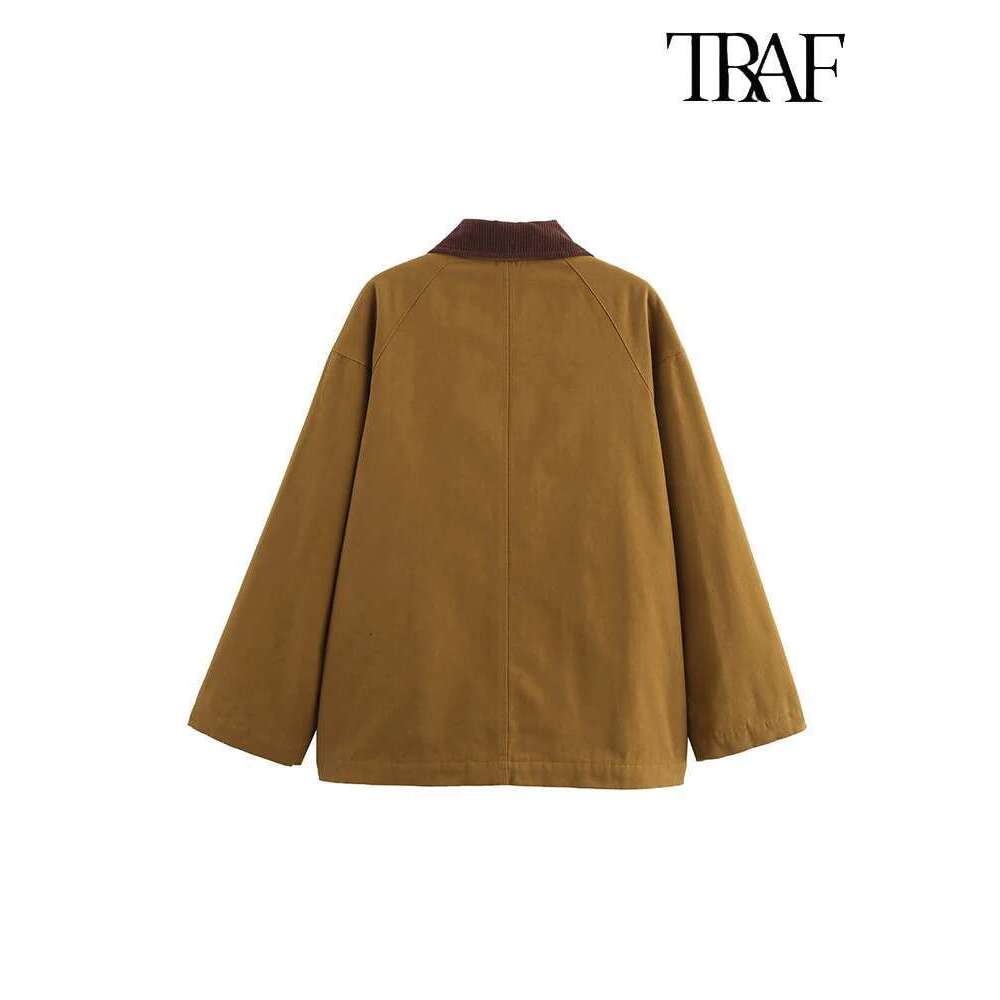 TRAF Women's Fashion Retro Clashing Lapel Patchwork Autumn Winter Street Casual Loose Long Sleeve Pocket Jacket