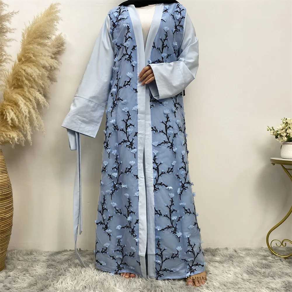 Flower Open Abaya Dubai Turkey Kaftan Women Muslim Embroidery Maxi Dress Eid Fashion Jalabiya Islamic Robe Ramadan Caftan Kimono X250514