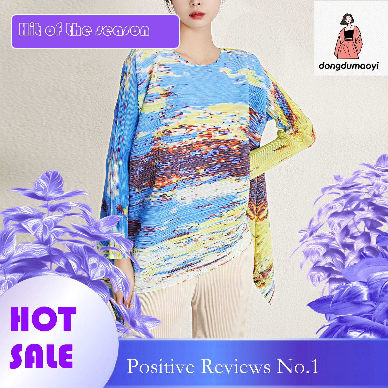 dongdumaoyi Wrinkled top spring new Miyake round neck printed T-shirt loose and slimming, covering the belly women's fashion style