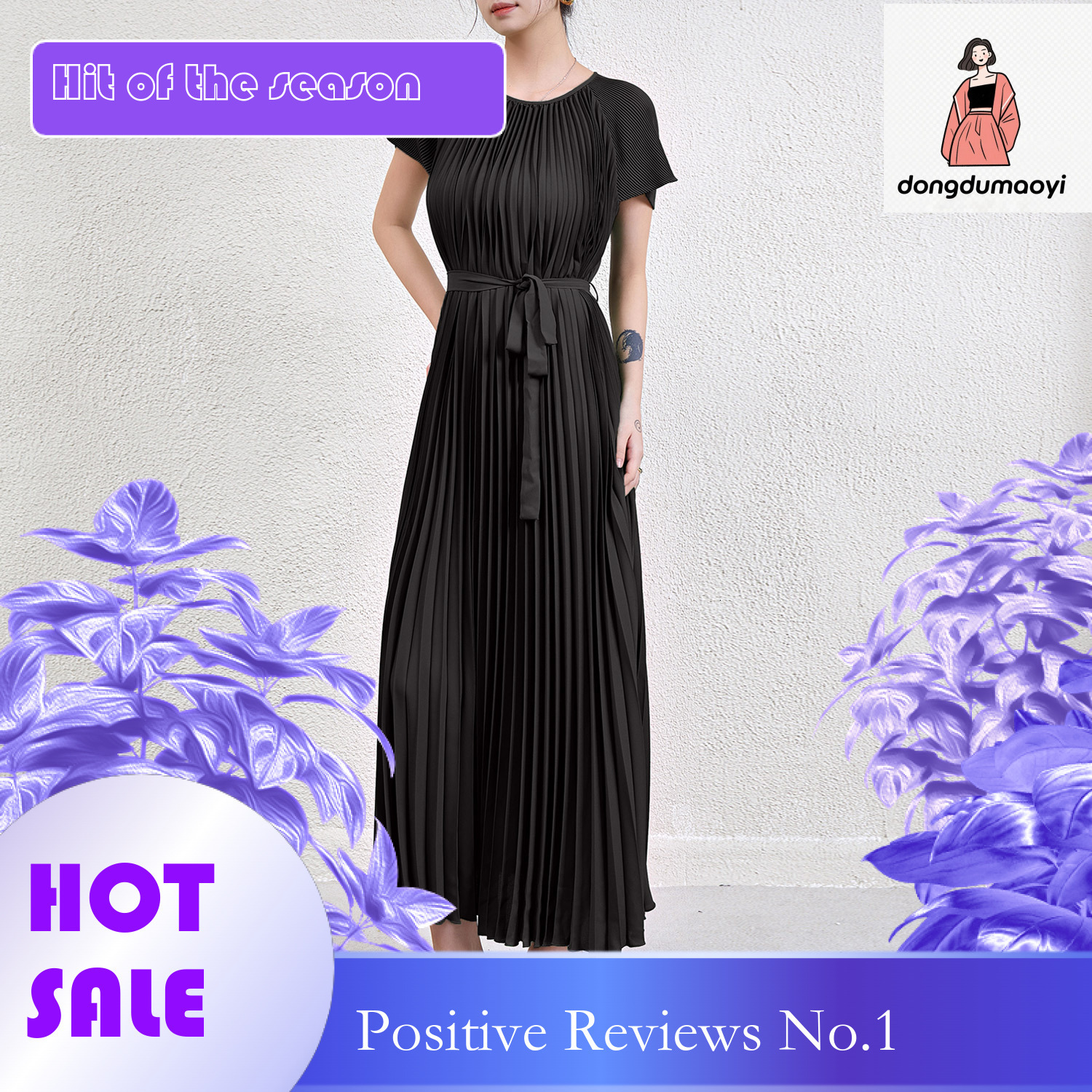 dongdumaoyi Summer haute couture dress heavy duty pleated loose plump with a slimming temperament and age reducing lace up long skirt