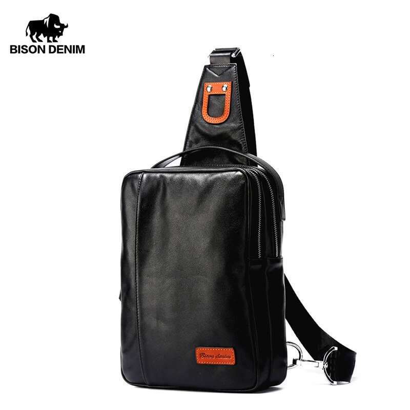 BISON DENIM Genuine Leather Crossbody Bags Multifunctional Zipper Shoulder Bag Casual Men Chest Waist Pack N2425
