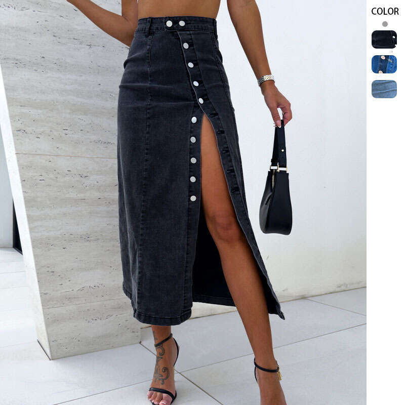 2025 new button irregular slit half body denim skirt, high waist slim fit, hip hugging skirt for women