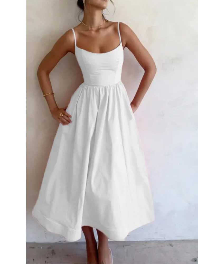 Sexy Solid Spaghetti Strap A-line Maxi Dresses Women Low Cut Sleeveless Big Skirt Dress Summer New Fashion Elegant Party DressXJ250514