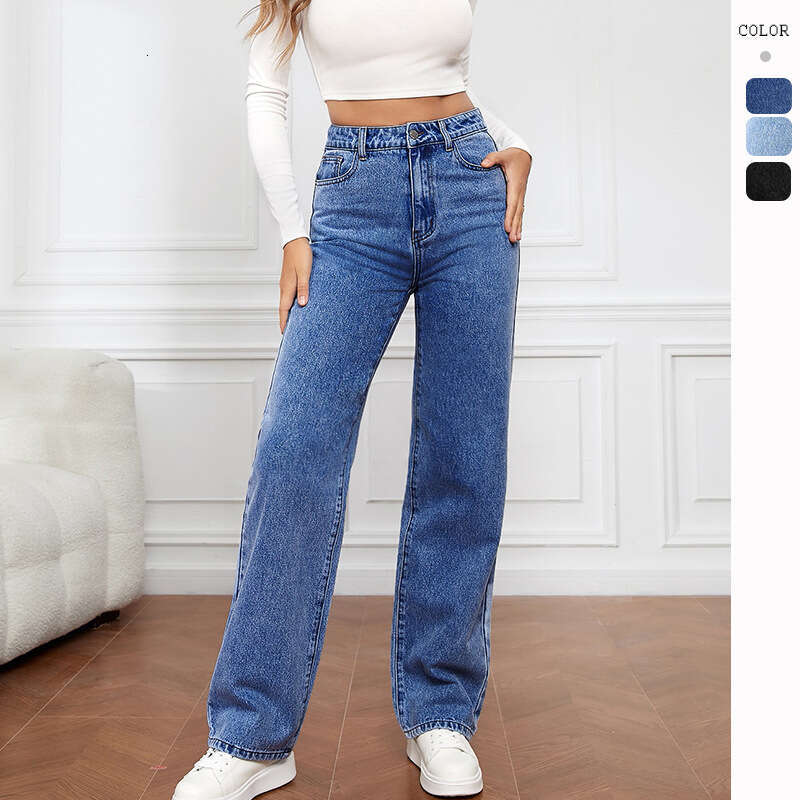 2025 Stretch Washed Denim Fashionable Straight Leg Long High Waisted Jeans Pants for Women New Product All-match Model Leisure and Leisure Loose