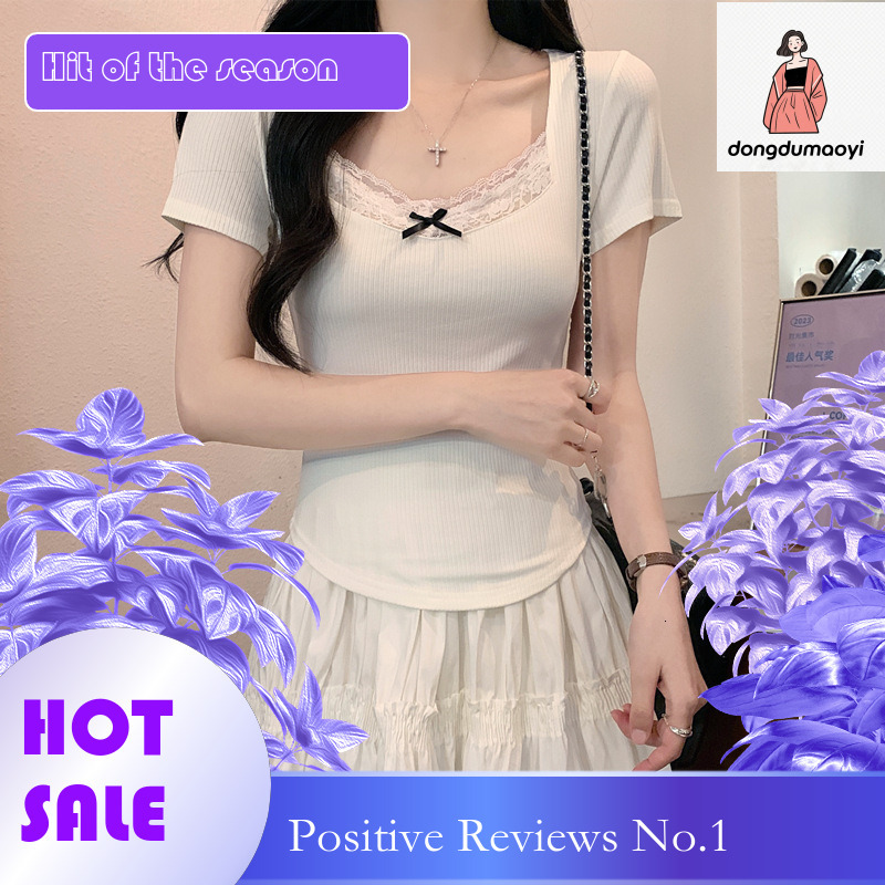 dongdumaoyi Spicy Girl Design Lace Splicing Short Sleeve T-shirt for Women's Summer New Style, Slim Fit, Pure Desire Ballet Style BM Top