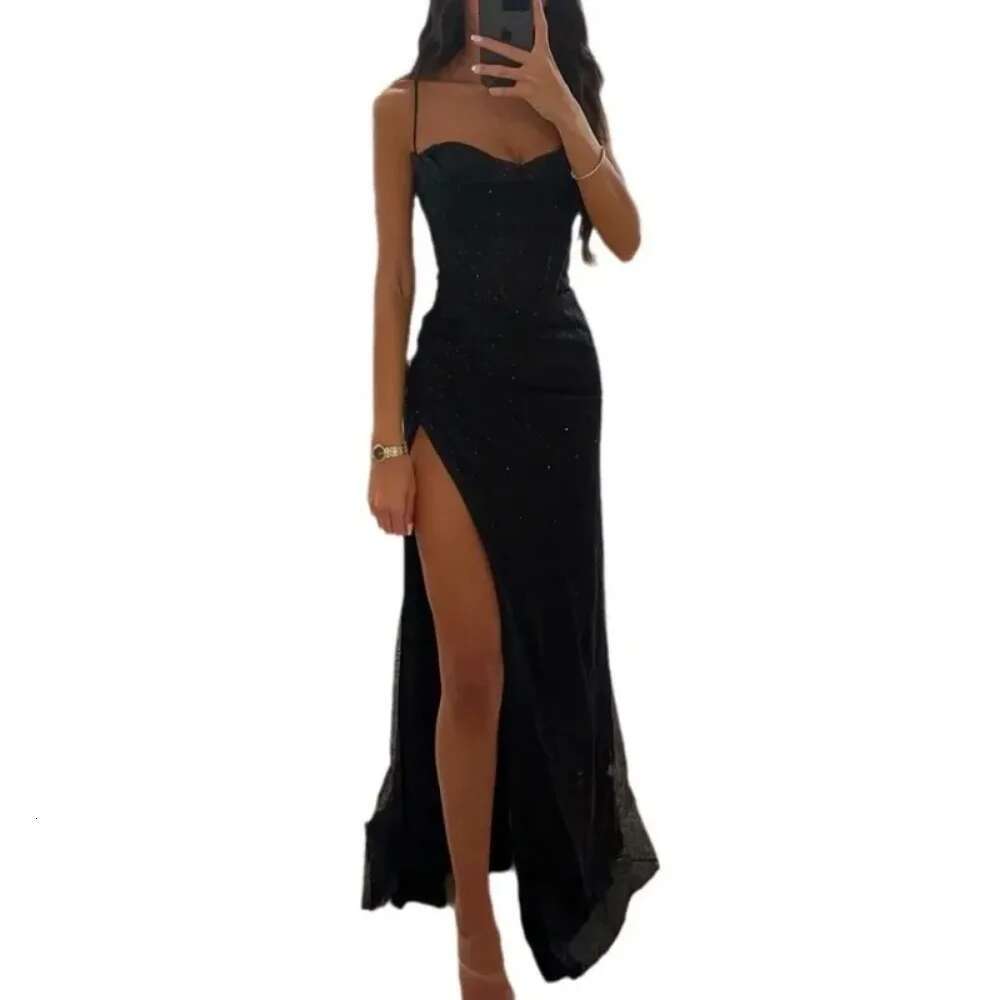 Women's S-XL size Party Fashion Suspender with A Straight Neckline Sleeveless Solid Color Slim Fit Slit Casual Long Dress