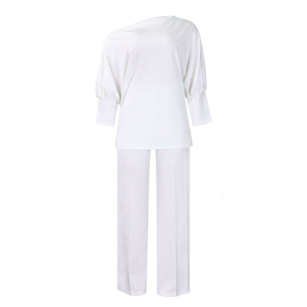 Women's Wear Women's Wear Women's Autumn Fashion Style Solid Color Slant Collar Top Wide Leg Pants Set