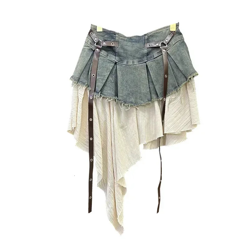 Retro Spliced Denim Pleated Skirt for Women Summer Temperament Girl Fashionable High Waist Aline 250514