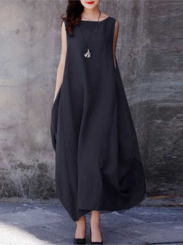 Fashion Solid Color Sleeveless Long Dresses Women Spring Summer New Simple Style Pocket Loose Big Hem Dress Lady Trendy DressesXJ250514