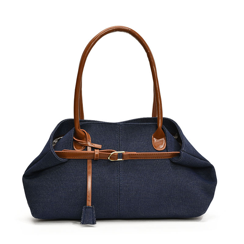 Commuting large capacity denim cloth for women 2025 new spring and summer contrasting color handbag, casual single shoulder tote bag