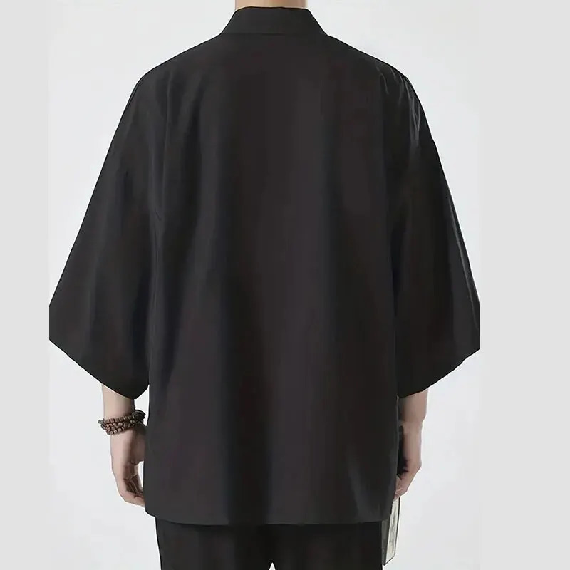 Mens Japanese Kimono Shirts Casual Open Stitch Lightweight Yukata Fashion Black Cardigan 34 Sleeve Outwear for Summer Vacation 250514