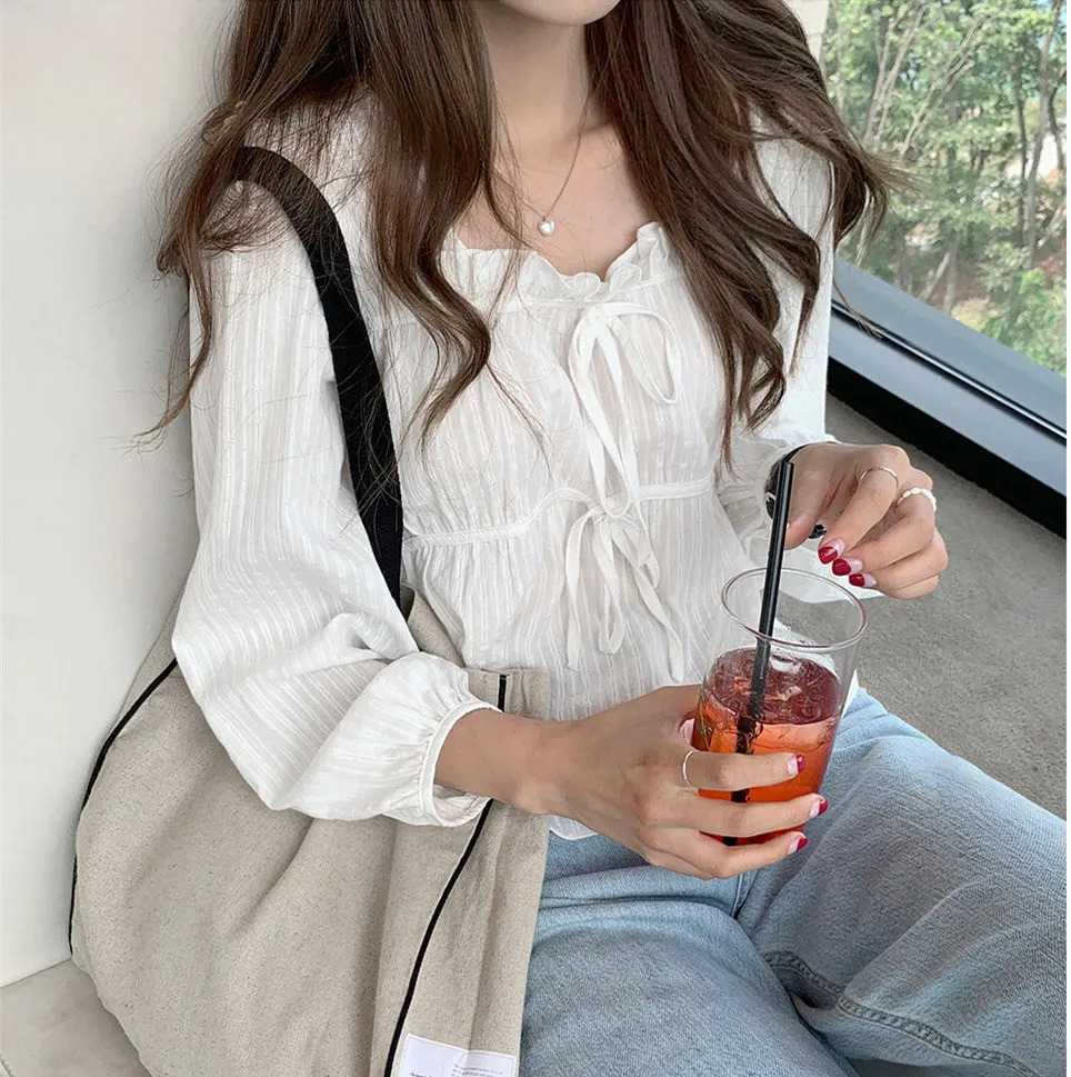 Spring Summer Elegant Womens Blouses Solid Long Sleeve Lace Up Ruffles Korean Casual Short Shirts Tops Female 250514