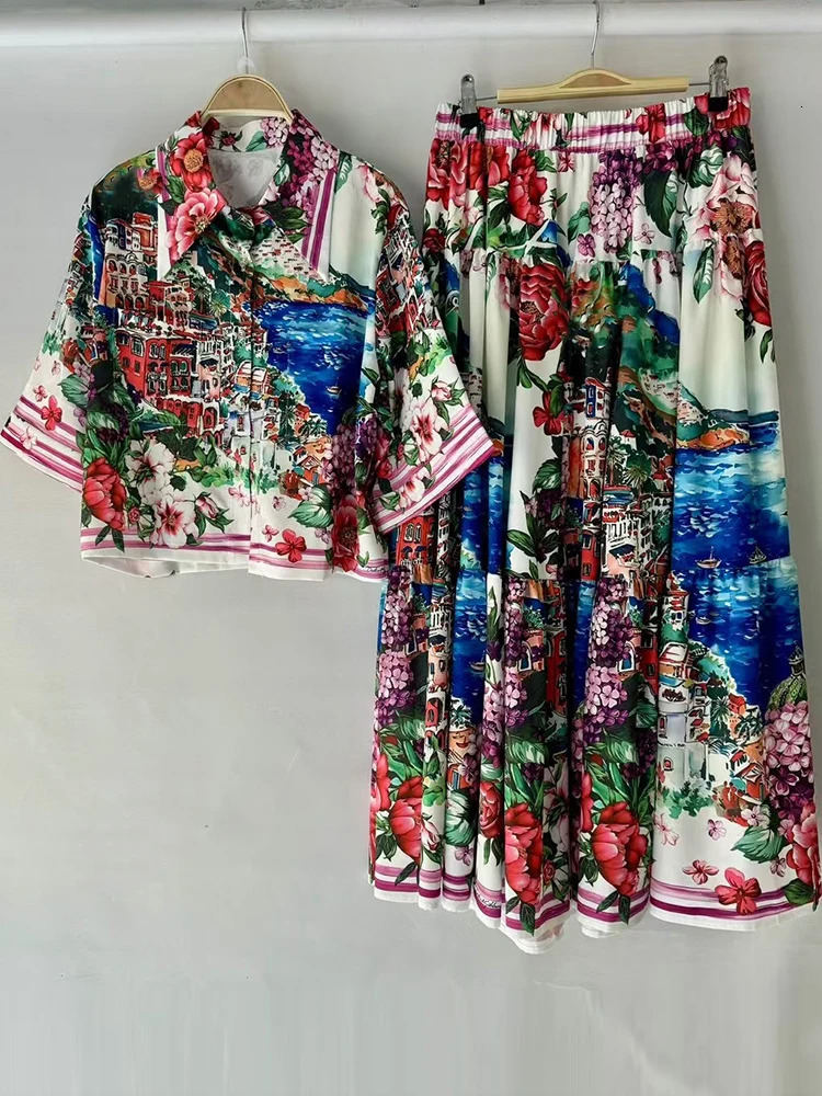 Summer womens twopiece lapel short sleeve printed shirthigh waist and big skirt fashion elegant suit 250514
