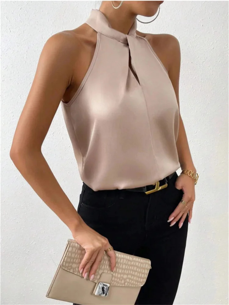 Summer European and American womens color Ding halter sleeveless vest satin silk blouse 250514
