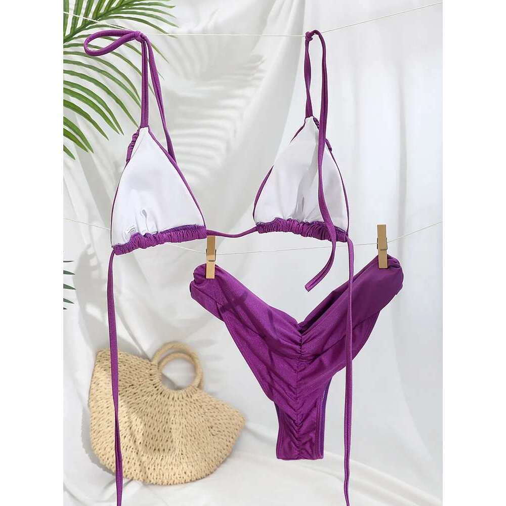 Triangle Bikinis Sexy Swimsuit Women Bandage Swimwear Bikini Set Solid Color Beachwear Two Piece Suit Female Swimsuits