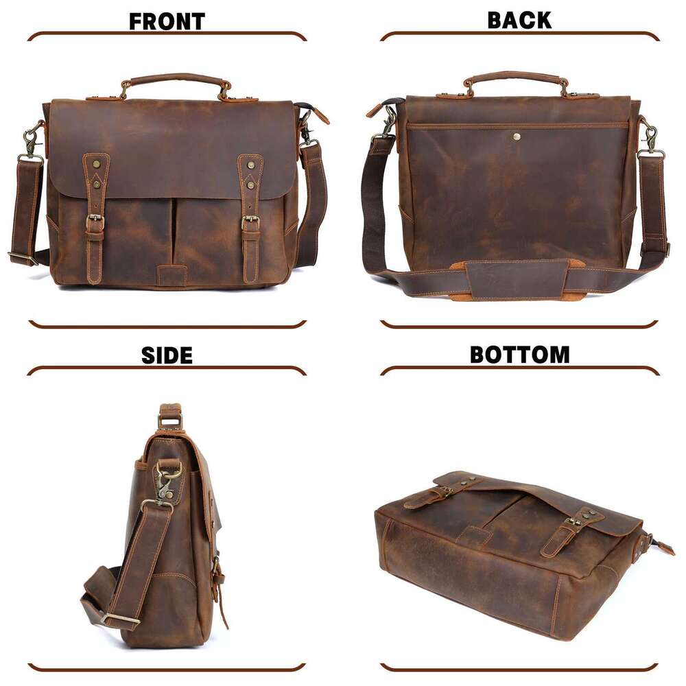 S.WORKER Vintage Genuine Men's Briefcase Laptop Messenger Bag Crazy Horse Leather Handbag Cowhide Retro Casual Style