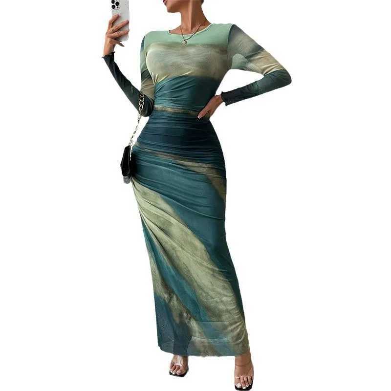 Tie Dye Green Mesh Corset Dress Autumn Elegant Women Dresses Bodycon Long Sleeve Dress Print Maxi Ruched Through Female DressXJ250514