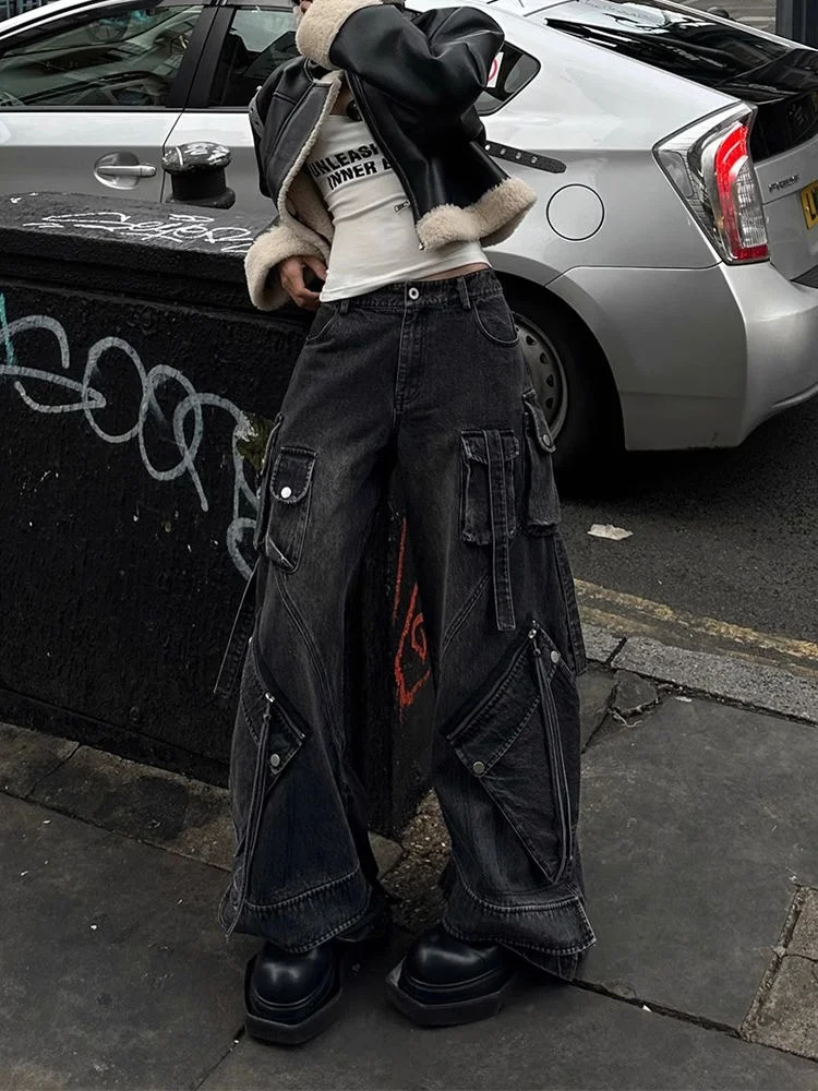 Punk Style Y2K Streetwear Washed Black Baggy Cargo Jeans Pants For Women er Clothes Wide Leg Lady Trousers Ropa Mujer 250513