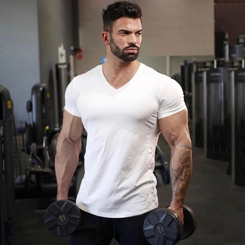 Plain Cotton Gym T-shirt Men Summer Fitness Clothing V-Neck Short Sleeve T shirt Slim Fit Tshirt Bodybuilding Workout Tees Tops 250513