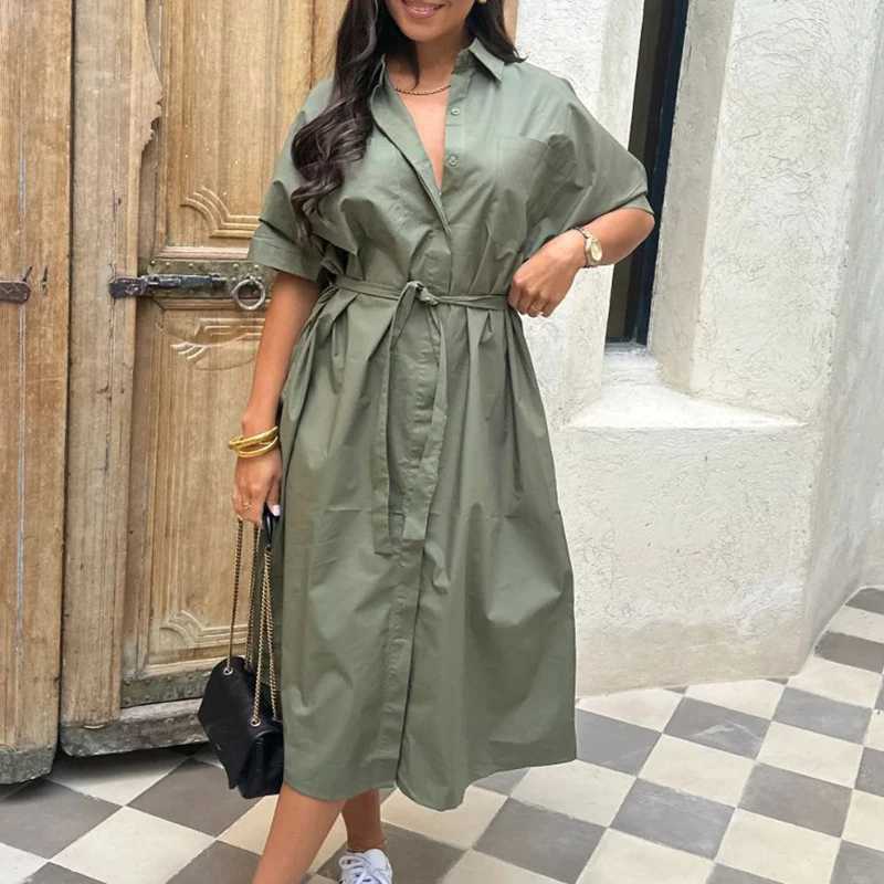 Summer Casual Lapel Tie Up Shirt Dress Retro Short Sleeved Commuter Womens Dress Elegant Single Breasted Solid Color Long DressXJ250514