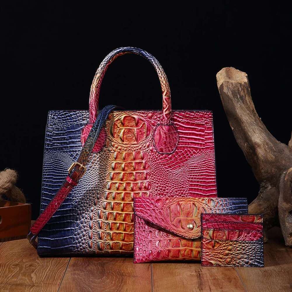 3 Pcs Crocodile Pattern Handbag Purses Set, Multi-Functional Vintage Top Handle Crossbody Business Clutch Bag & Card Coi