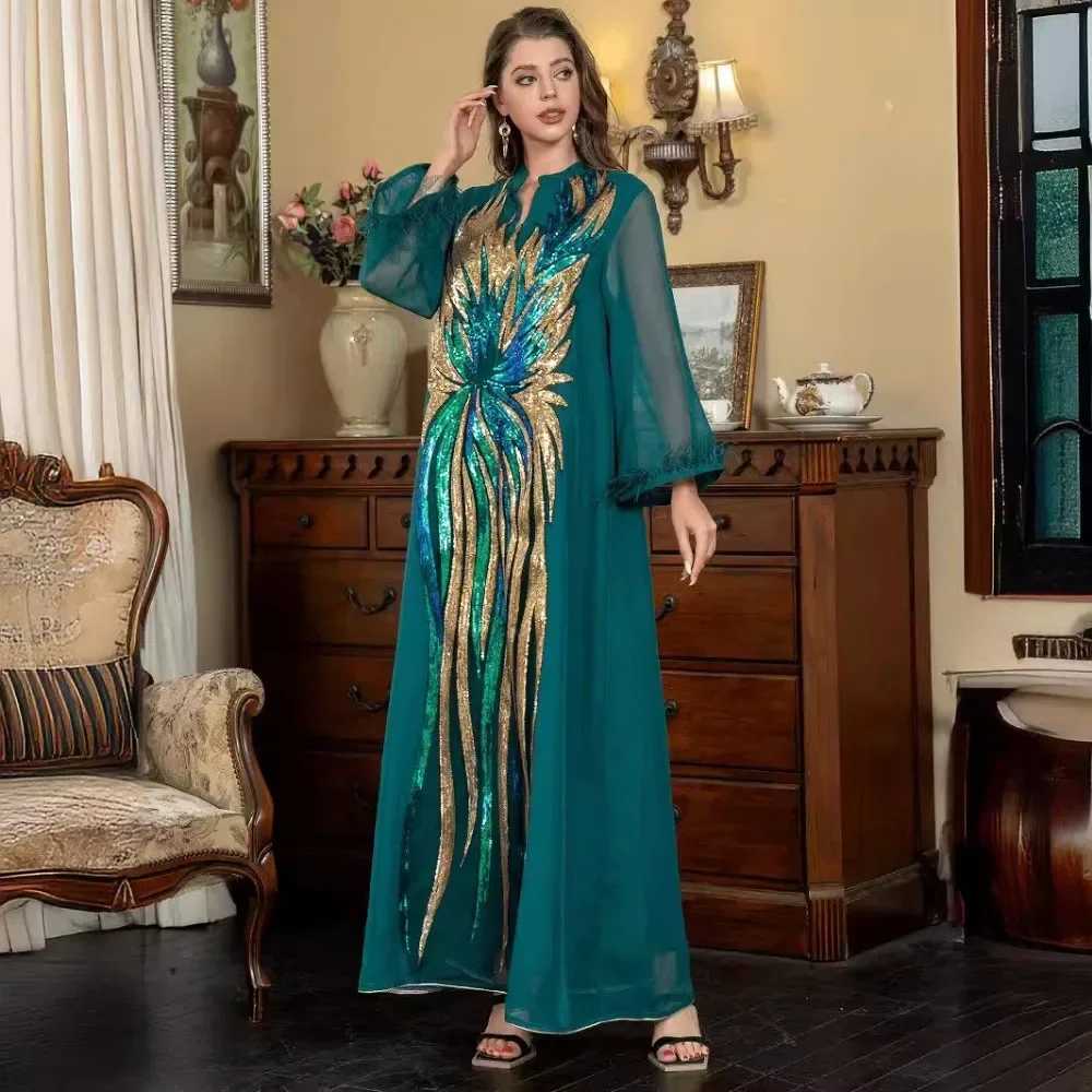 Muslim Womens Robe V-neck Long-slved Dark Grn Robe Fashionable Camel Hair Shiny Comfortable And Casual Elegant Dress X250514