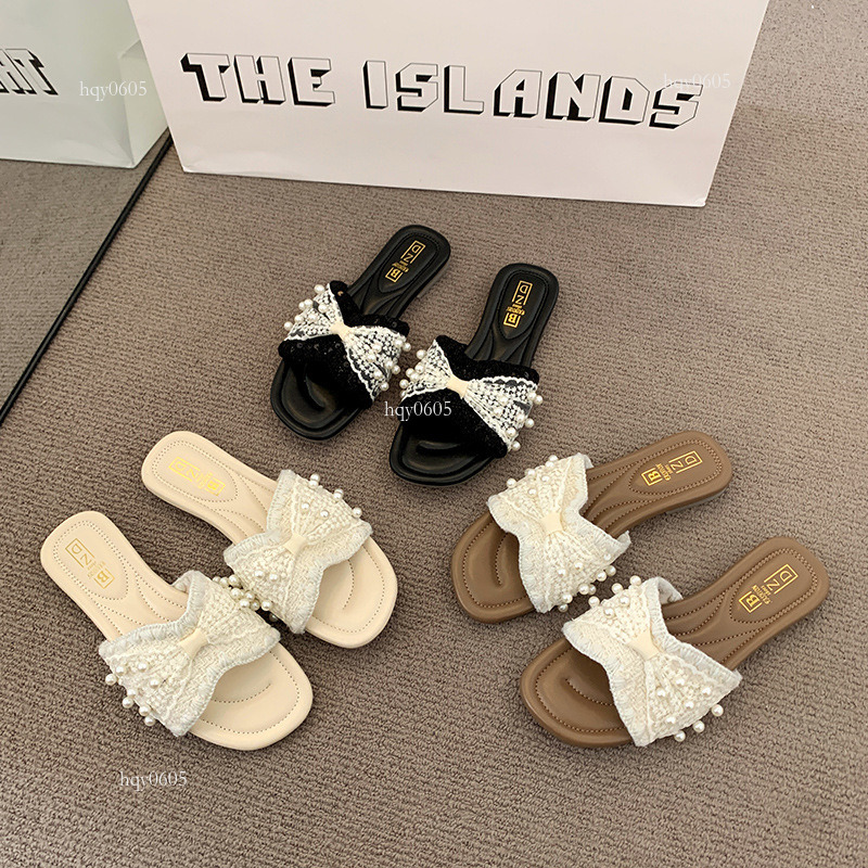 Top brand high-quality new-style designer new shoes French pearl fairy style flat shoes fashionable summer soft soled beach sandals women's new f