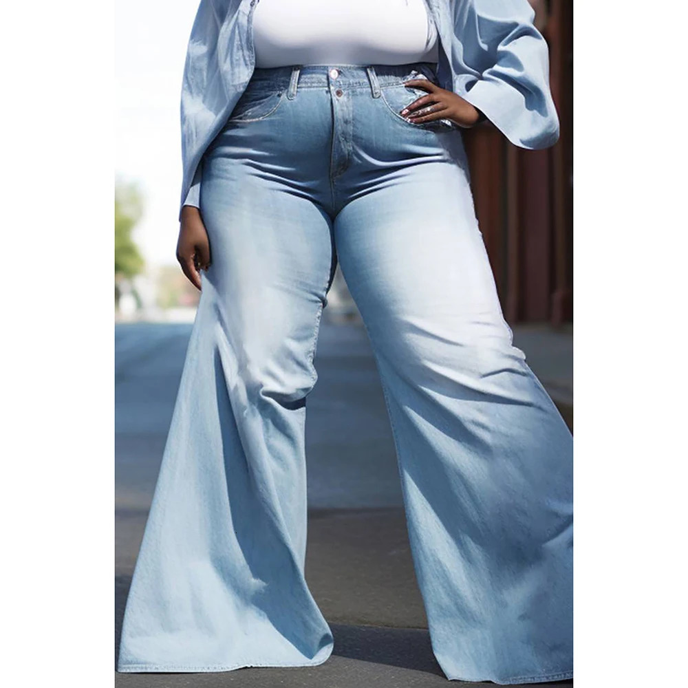 Plus Size Womens Denim Suit Light Blue Spring And Summer Shirt Collar Long Sleeve Fashion Tops Bottoms TwoPiece 250506
