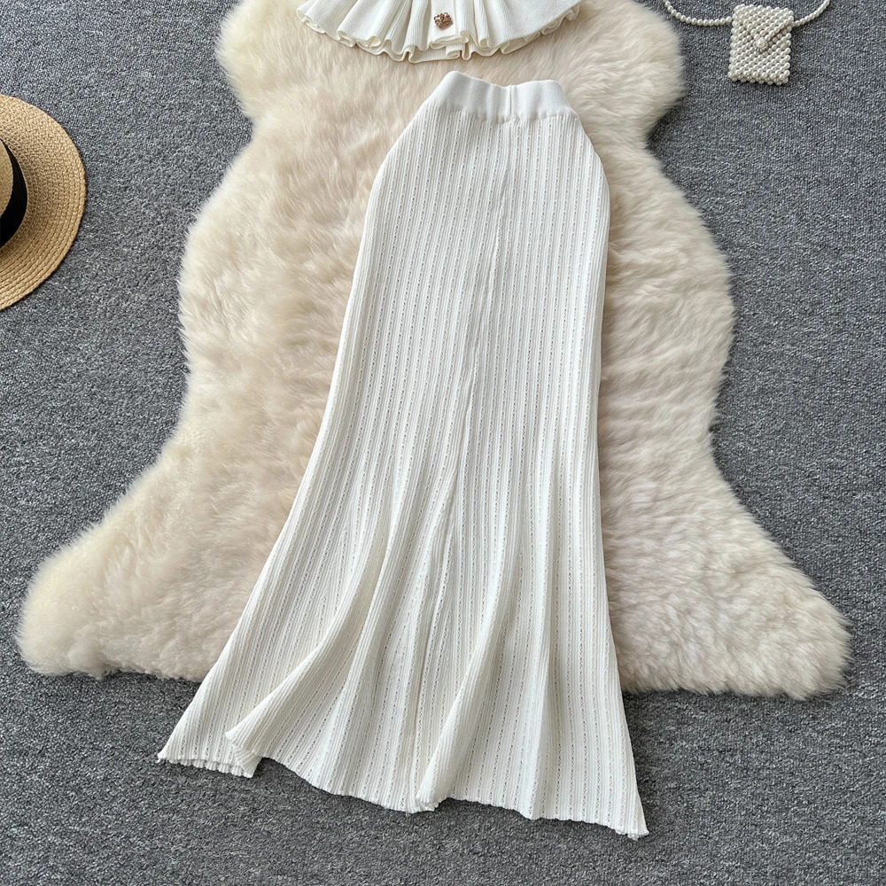YuooMuoo Fashion Womens Two Piece Set Elegant Vneck Ruffled Knitted Tops and Wrapped Hips Long Skirts Clothes for Women 250514