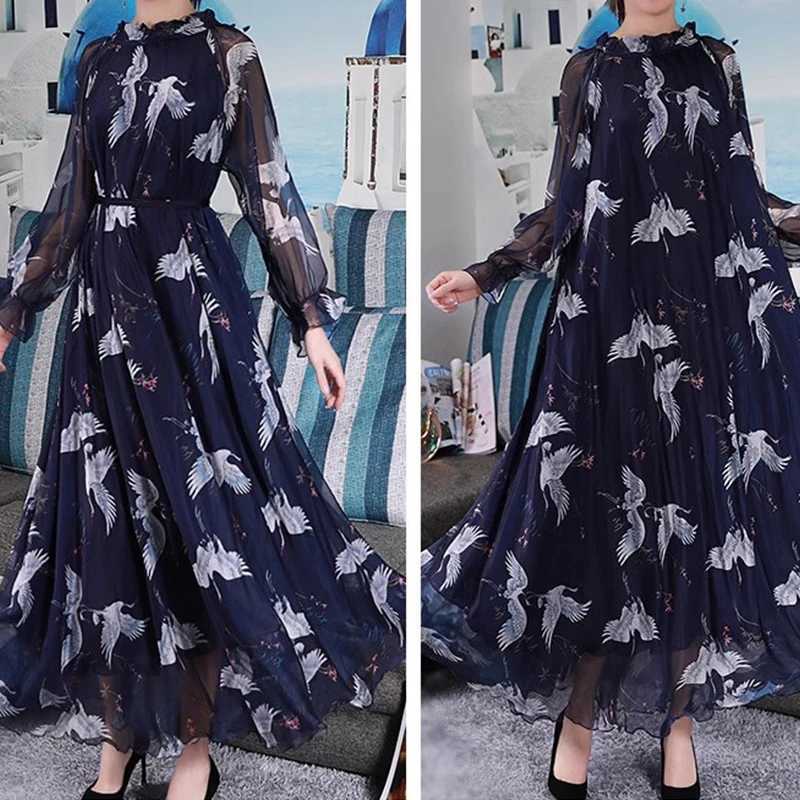 2024 Boho Floral Print Summer Dress Women Vestidos Elegant Fashion Loose Chiffon Long Slve Muslim Abaya Islamic Clothing Robe X250514