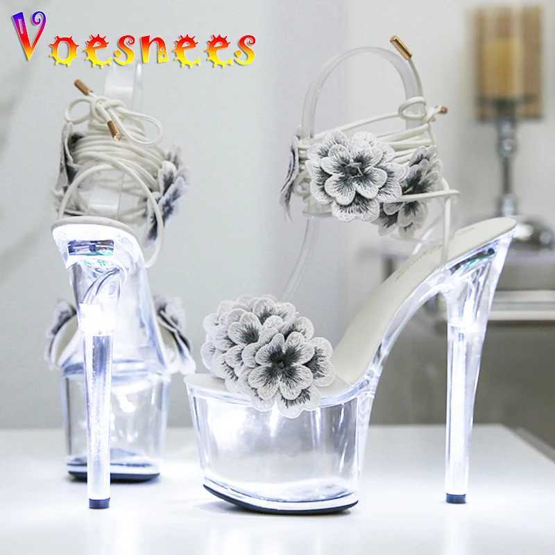 Women Transparent Platform High Heels Light Up Glowing Luminous Sandals Handmade Flowers Ankle Strap 17CM Summer Shoes For Women W250514