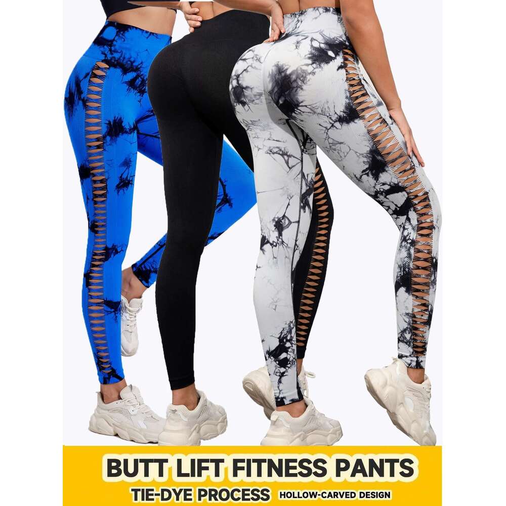 Butt Lifting Sexy Gym High Waist Seamless Tie Dye Leggings Women Skinny Stretch Outdoors Hollow Out Pants