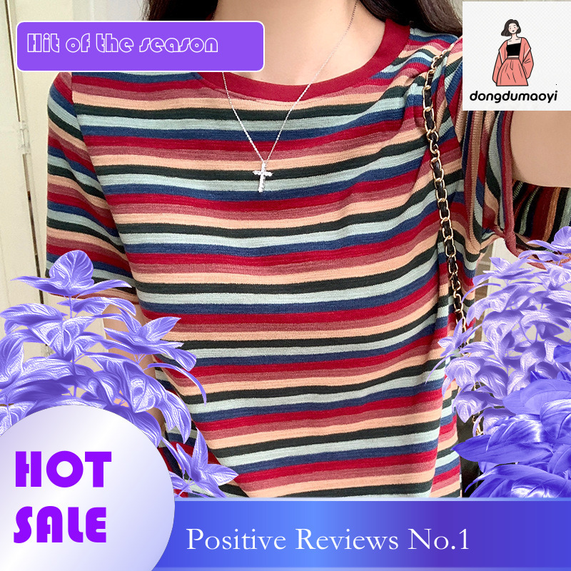 dongdumaoyi Colorful round neck striped short sleeved T-shirt for women's summer new stylish color blocked T-shirt, slim fit and slimming top
