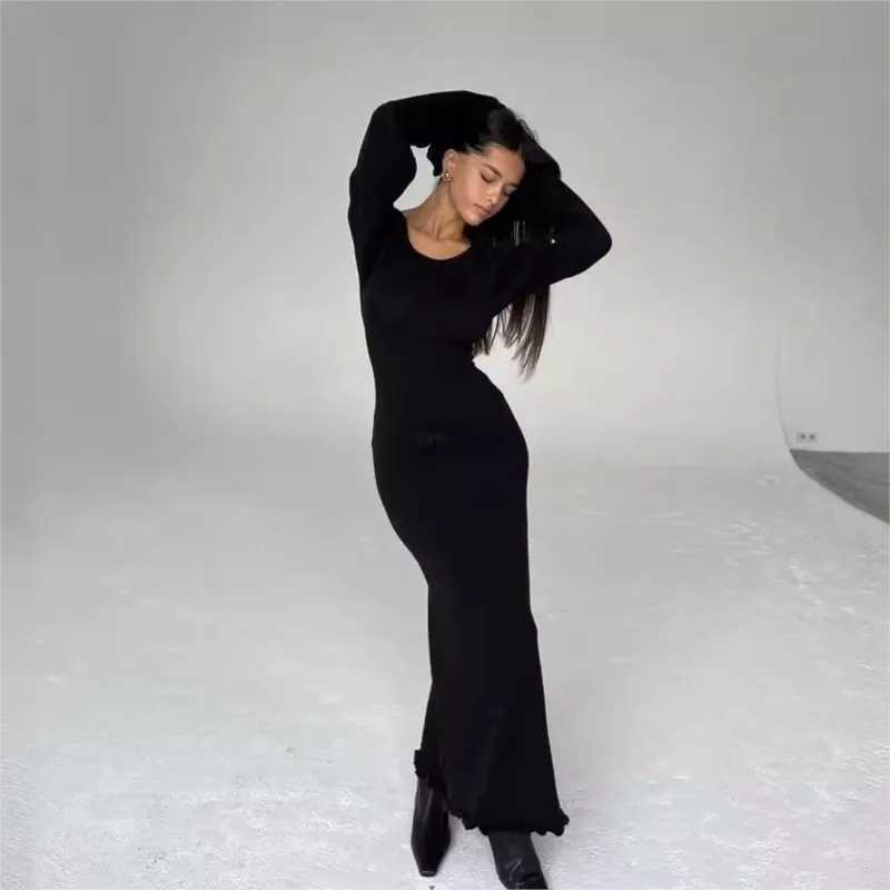 Fashion Ruffled Hem Flare Long Sleeve Knitted Fungus Hem Elasticity Long Dress Women O Neck Backless Lace Up Slim Female RobesXJ250514